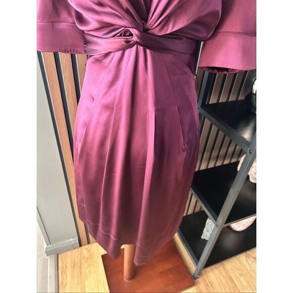 BCBGMaxAzria Silk Dress A-Line Burgundy Merlot Size 2 Wrap Tie Waist Bow Lined - Picture 2 of 6